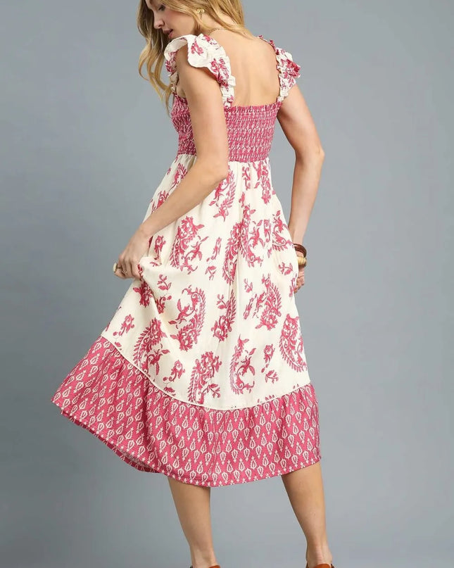 Umgee Printed Smocked Midi Dress with Ruffle Details