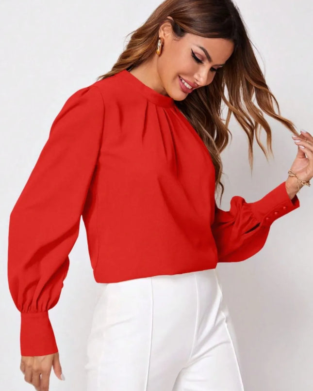 Ruched Mock Neck Long Sleeve Blouse 