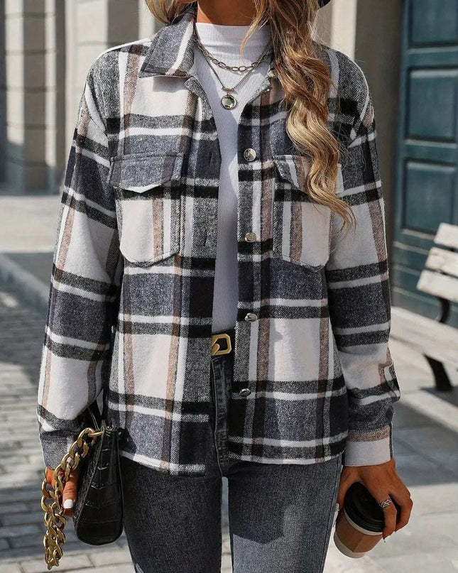 Plaid Button Up Drop Shoulder Jacket Black