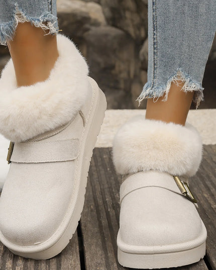 Fur-Lined Buckle Winter Ankle Boots Ivory