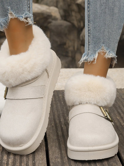 Fur-Lined Buckle Winter Ankle Boots Ivory