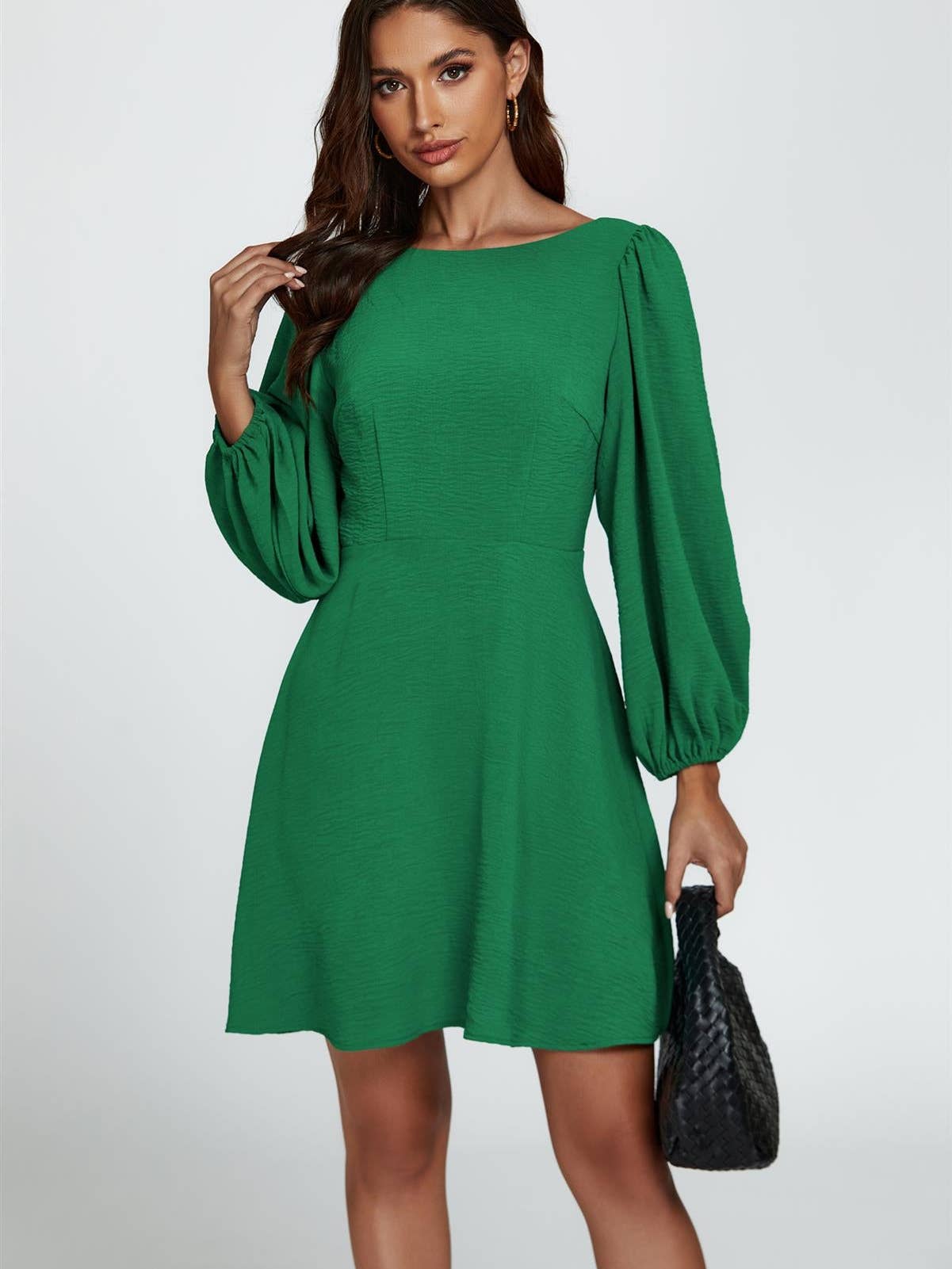 Back V Neck Mini Dress in Green