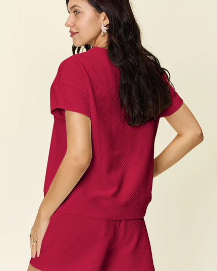 Double Take Full Size Texture Short Sleeve T-Shirt and Drawstring Shorts Set