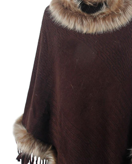 Faux Fur Trim Fringed Poncho