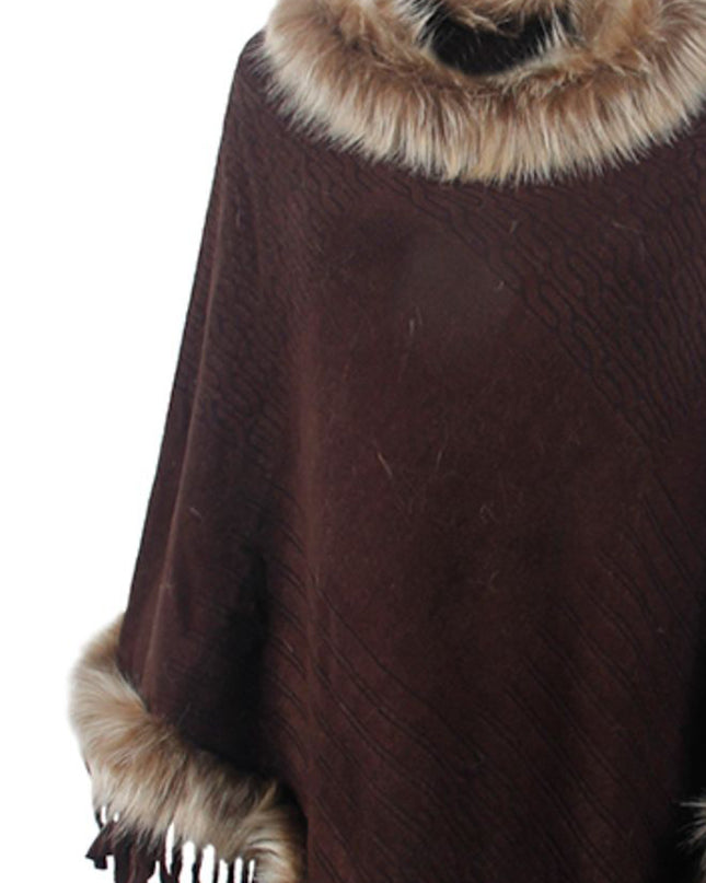 Faux Fur Trim Fringed Poncho