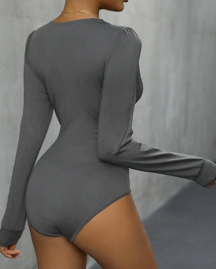 Perfee Lace Detail Plunge Long Sleeve Bodysuit