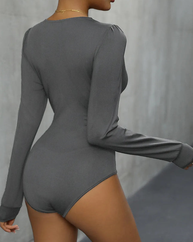 Perfee Lace Detail Plunge Long Sleeve Bodysuit