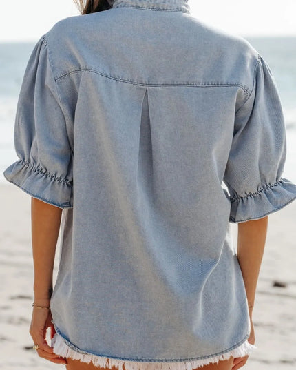Ruffle Short Puff Sleeve Button Down Denim Shirt 