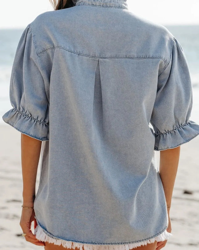 Ruffle Short Puff Sleeve Button Down Denim Shirt 