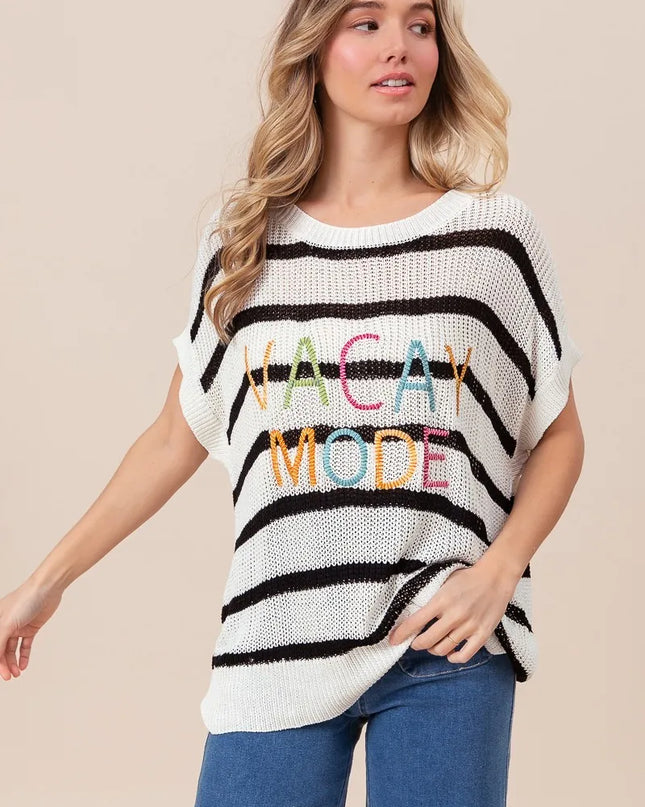 BiBi Vacay Mode Lettering Drop Shoulder Striped Sweater