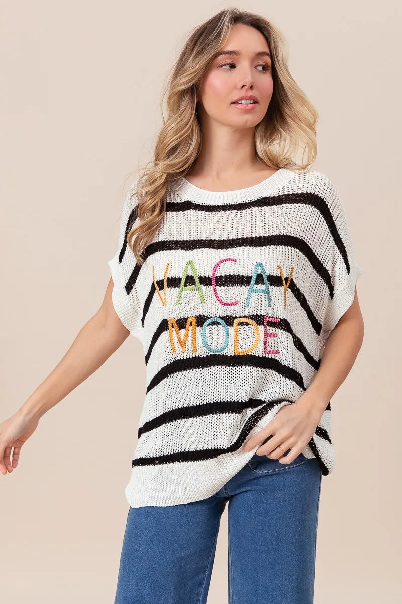 BiBi Vacay Mode Lettering Drop Shoulder Striped Sweater