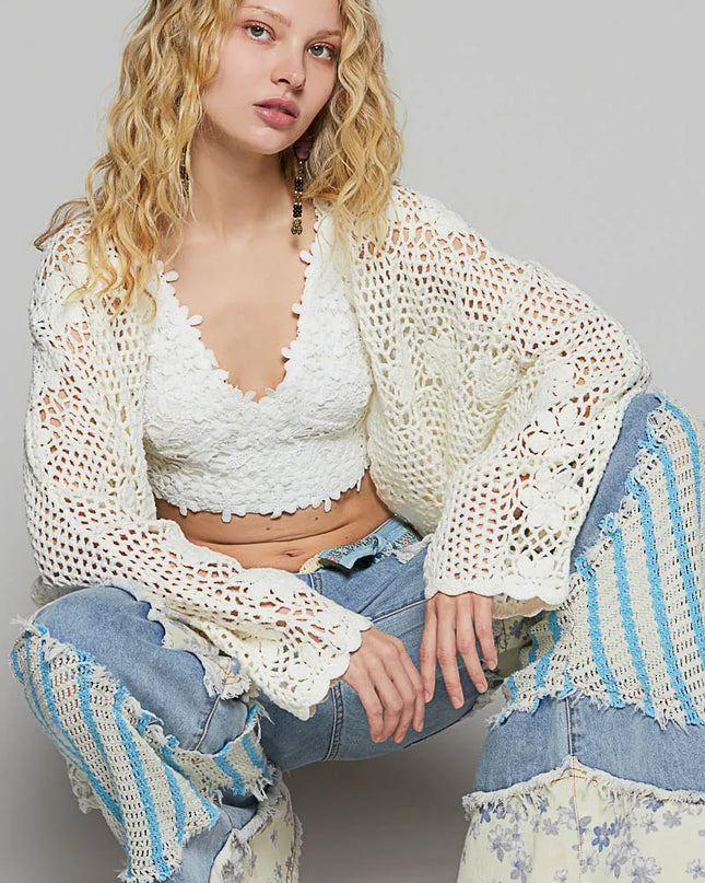 POL Crochet Open-Front Cardigan 