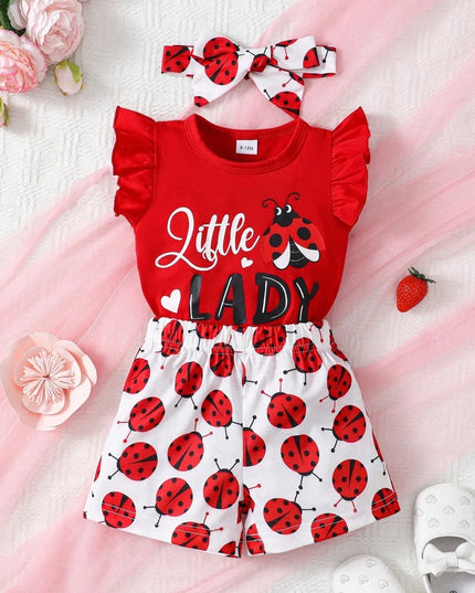 Children's Headband, Round Neck Ruffle Sleeve Top and Pants Set Red