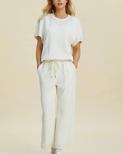 Double Take Full Size Pearl Detail Round Neck Top and Pants Set Cream