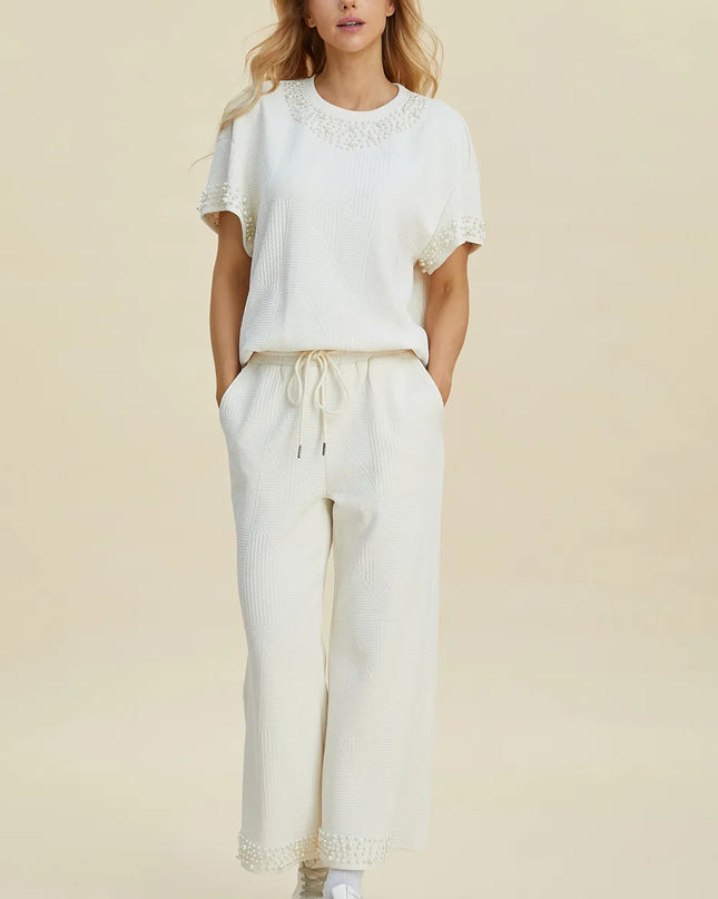 Double Take Full Size Pearl Detail Round Neck Top and Pants Set Cream