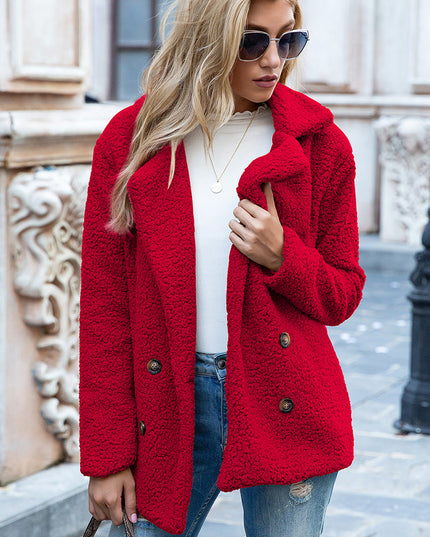 Ivy Lane Full Size Lapel Collar Sherpa Coat Deep Red