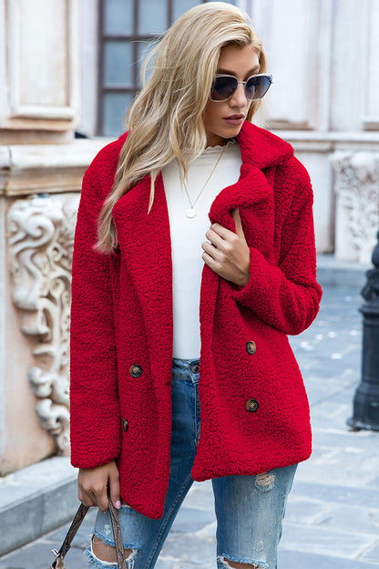 Ivy Lane Full Size Lapel Collar Sherpa Coat Deep Red