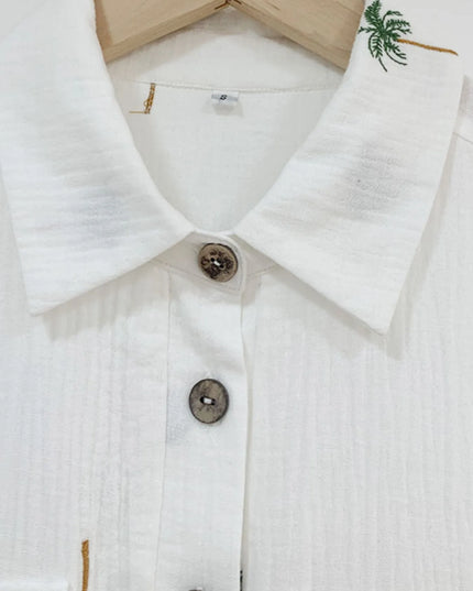 Palm Tree Print Short Sleeve Button-Up Romper with Belt