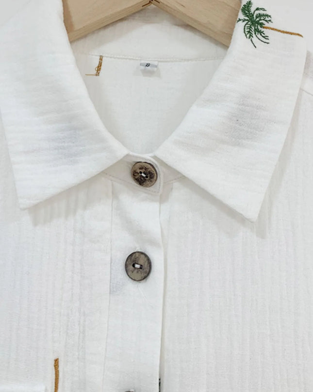 Palm Tree Print Short Sleeve Button-Up Romper with Belt