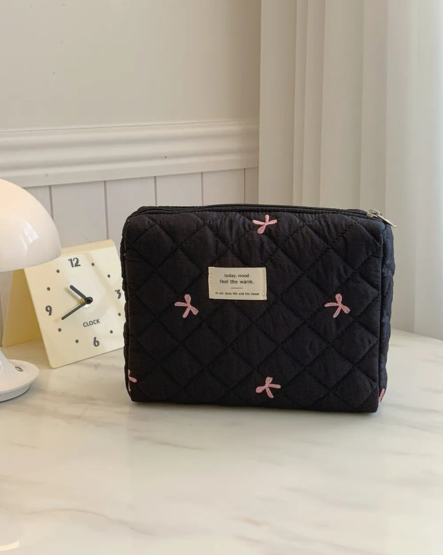 Bow Embroidered Quilted Storage Bag Black One Size