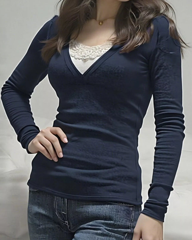 Long Sleeve T-Shirt with Lace Detail Dark Blue
