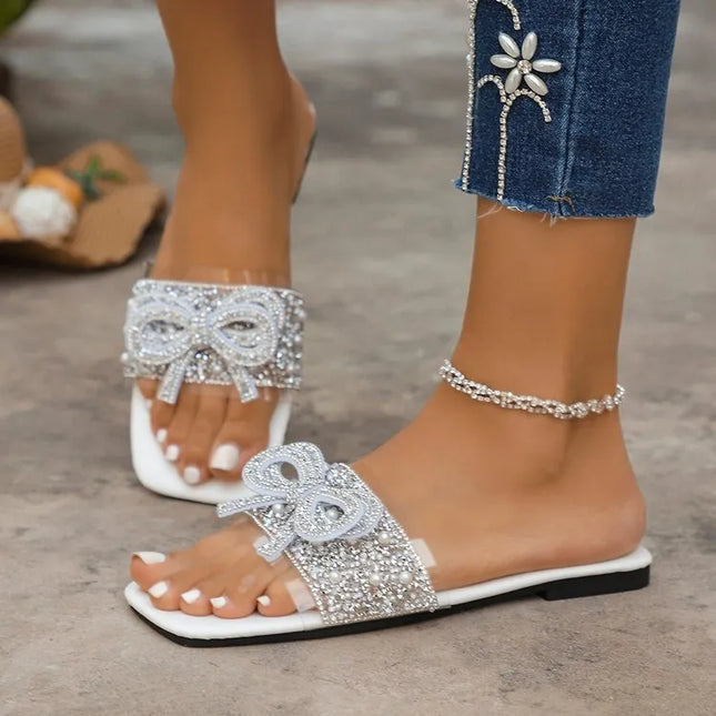 Rhinestone Embellished Bow Sandals White