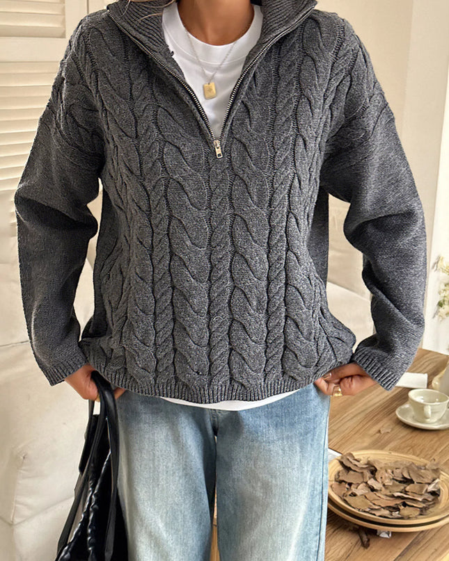 Zip Collar Cable-Knit Sweater Gray