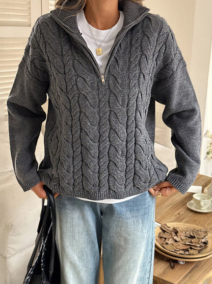 Zip Collar Cable-Knit Sweater Gray