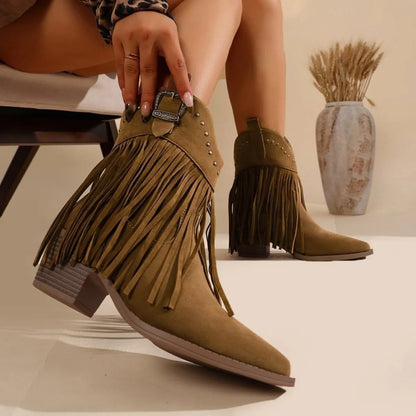 Fringe Point Toe Block Heels Boots Dark Brown