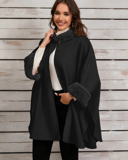 Fuzzy Trim Long Sleeve Poncho