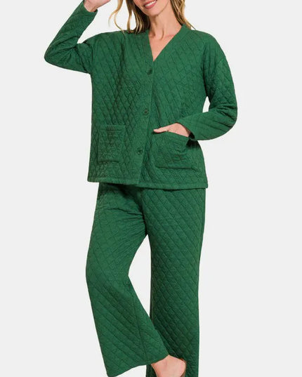 Zenana Quilted Button Up Long Sleeve Top and Pants Lounge Set Dark Green