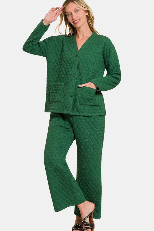 Zenana Quilted Button Up Long Sleeve Top and Pants Lounge Set Dark Green