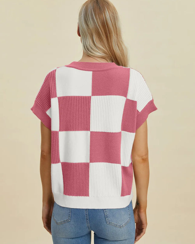 Double Take Full Size Checkered Round Neck Short Sleeve Sweater