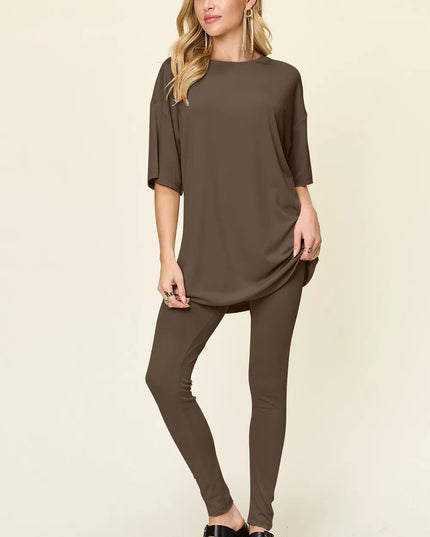 Double Take Full Size Round Neck Dropped Shoulder T-Shirt and Leggings Set