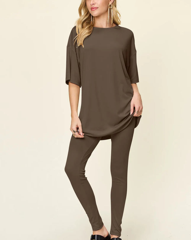 Double Take Full Size Round Neck Dropped Shoulder T-Shirt and Leggings Set