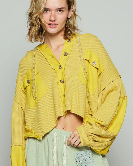 POL Raw Hem Cropped Hooded Jacket Yellow