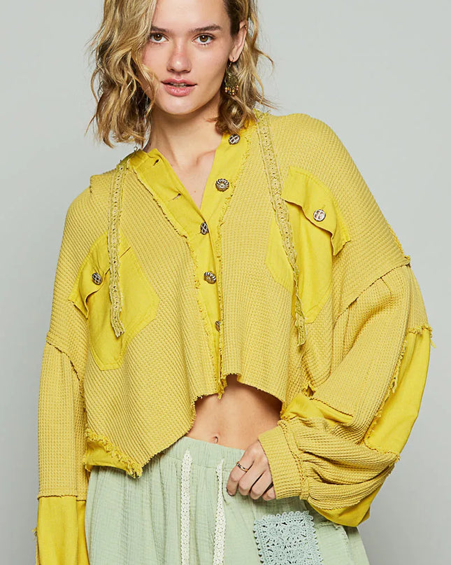 POL Raw Hem Cropped Hooded Jacket Yellow