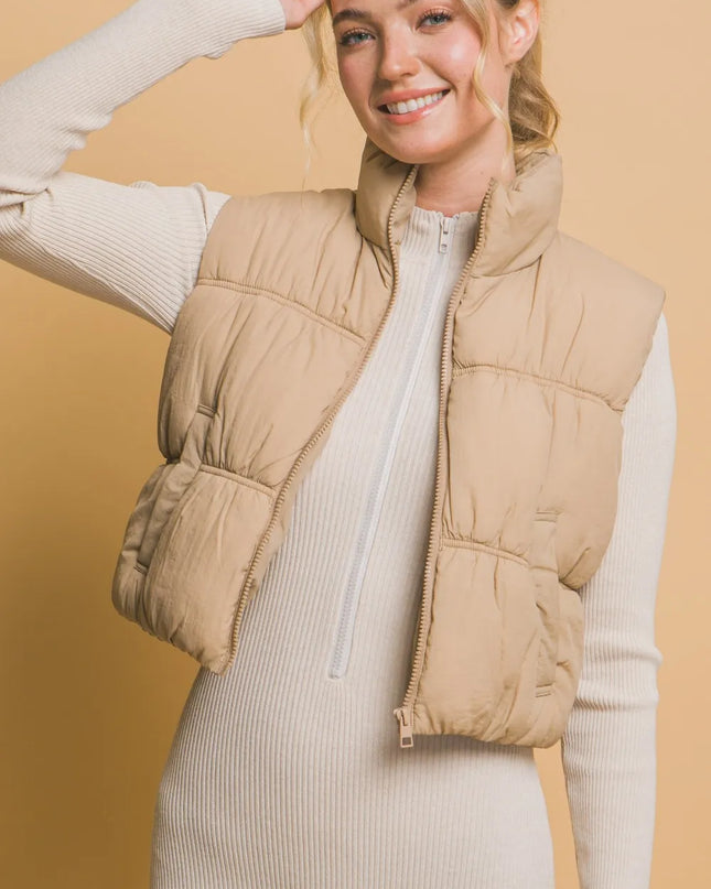 Love Tree Zip Up Turtleneck Cropped Vest Coat Khaki