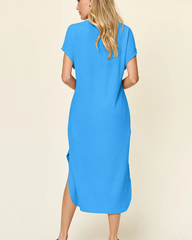 Double Take Full Size Round Neck Short Sleeve Slit Dress