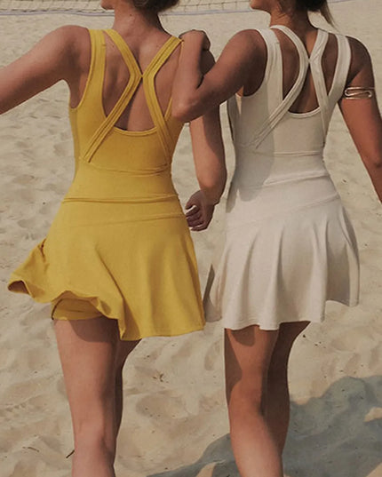 V-Neck Wide Strap Active Dress with Unitard Liner