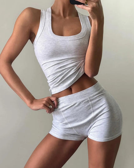 Ribbed Tank Top and Shorts Active Set Light Gray