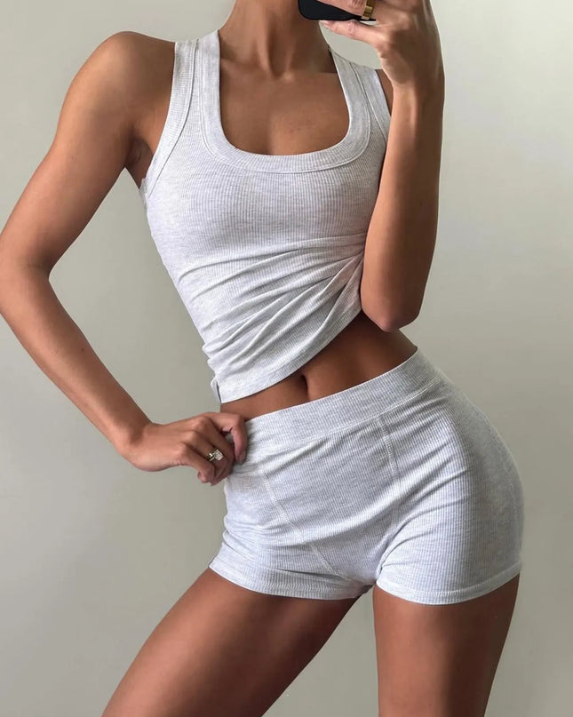Ribbed Tank Top and Shorts Active Set Light Gray