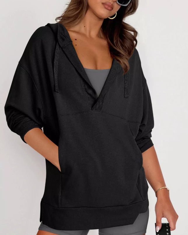 Drawstring Kangaroo Pocket Long Sleeve Hoodie Black
