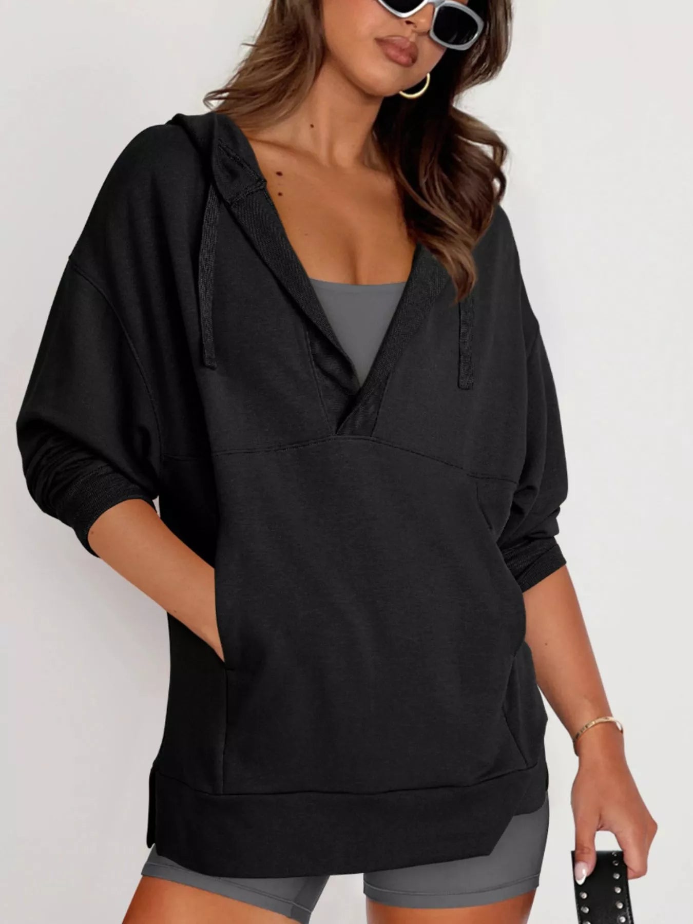 Drawstring Kangaroo Pocket Long Sleeve Hoodie Black