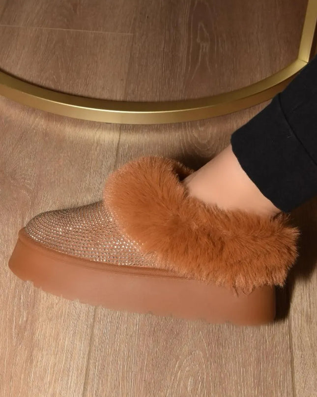 WILD DIVA Embellished Faux Fur Platform Booties Chestnut