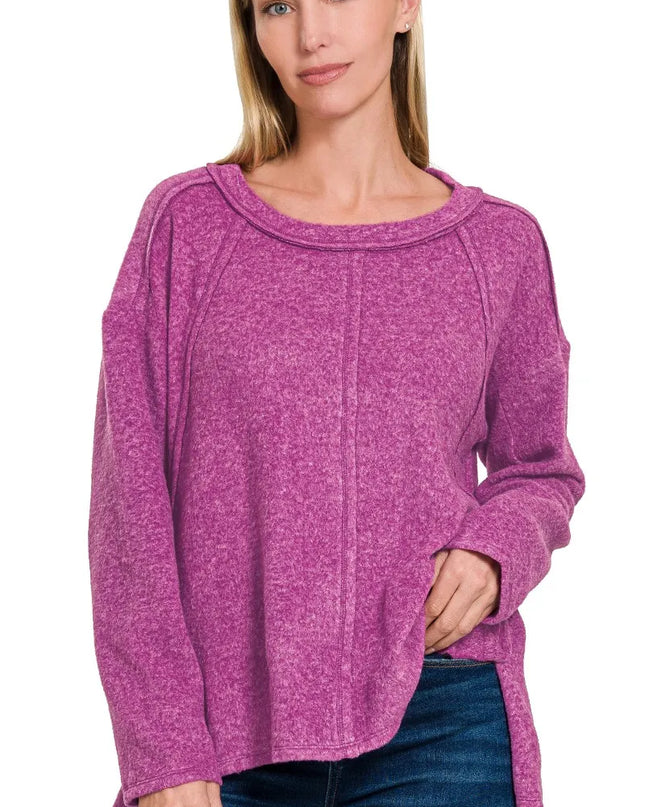 Zenana Brushed Hacci Exposed Seam Hi Low Sweater LT PLUM