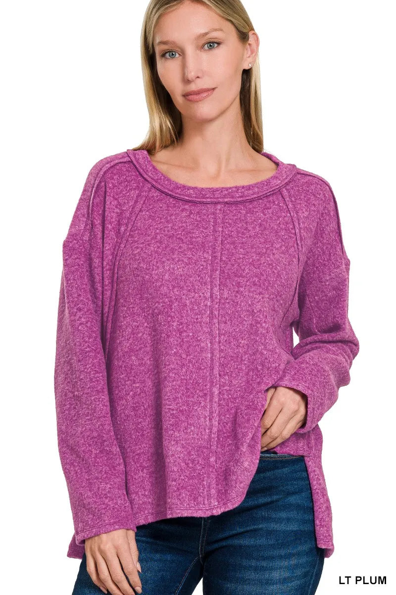 Zenana Brushed Hacci Exposed Seam Hi Low Sweater LT PLUM