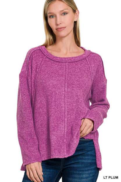 Zenana Brushed Hacci Exposed Seam Hi Low Sweater LT PLUM