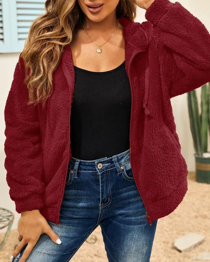 Drawstring Zip Up Hooded Plush Jacket