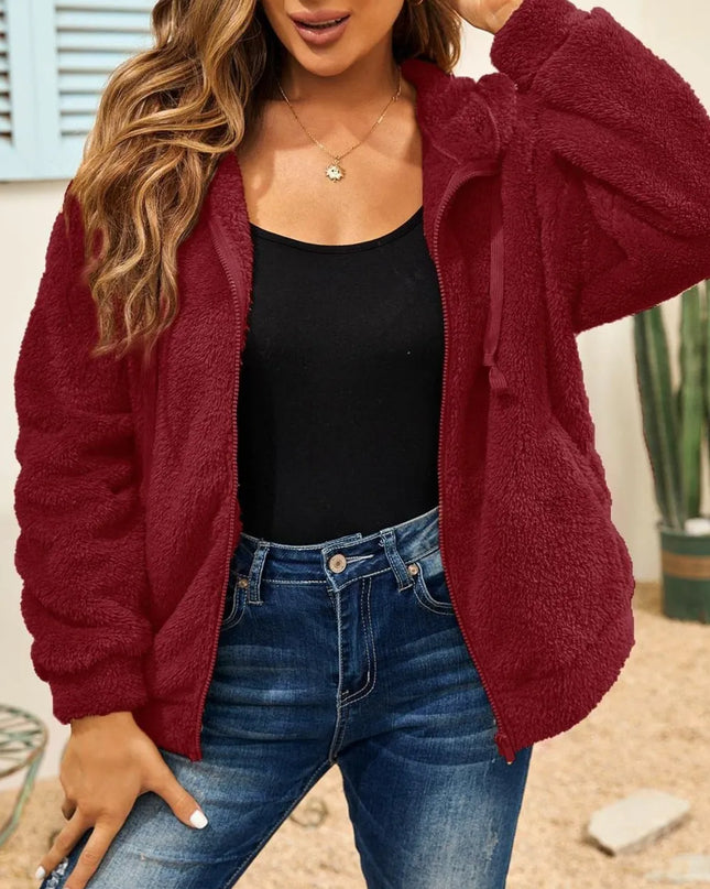 Drawstring Zip Up Hooded Plush Jacket